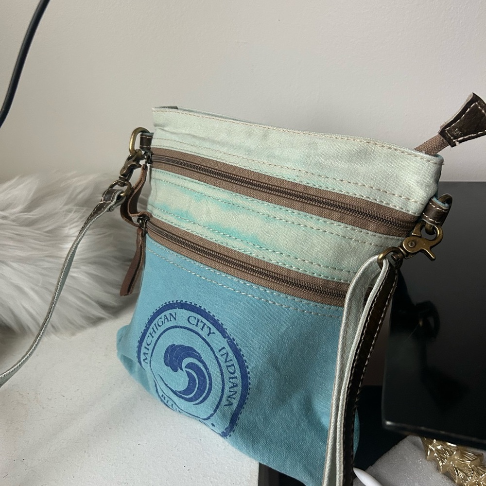 Michigan city Indiana Blue and Cream Crossbody Bag